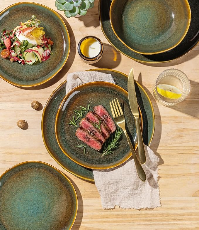 GBHOME Stoneware Dinnerware Sets for 4,12 Piece Rustic Plates and Bowls Set | Earthenware Handmade Reactive Glaze Plate Sets, Chip Resistant Ceramic Dishes, Microwave & Dishwasher Safe, Olive Maroon