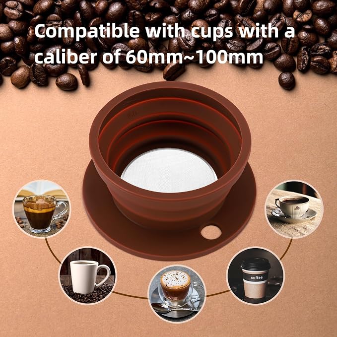 Set of 2 Paperless Collapsible Travel Pour Over Coffee Dripper Kit - Silicone Travel Pour Over Coffee Maker Camping - Collapsible Coffee Filter with Stainless Steel Filter (Brown+Grey)