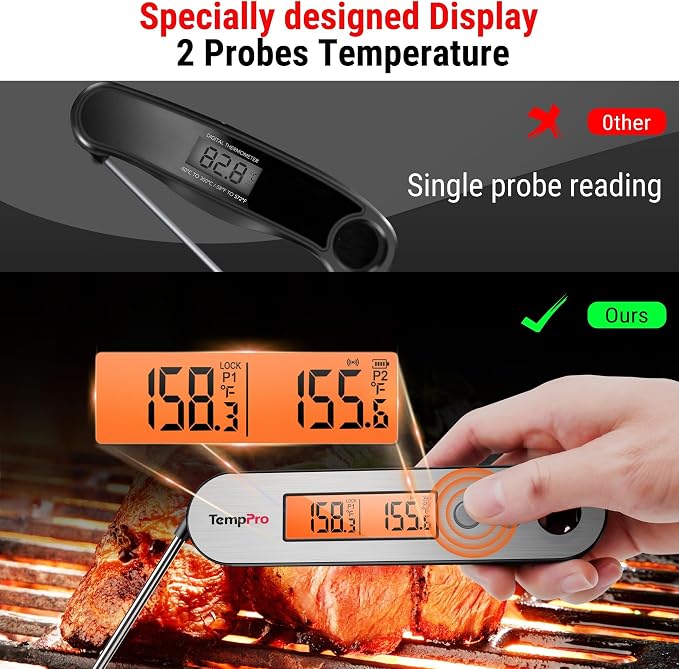 TempPro TempSwift Rechargeable Digital Meat Thermometer for Cooking | 2 Probes Food Thermometer with Stainless Steel Design, Cooking Thermometer with Alarm & Backlight for BBQ Grill Smoker Oven