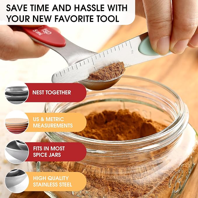 Spring Chef Stainless Steel 8 Magnetic Measuring Spoons Set, Desert Sunset | Dual Sided Metal Teaspoon & Tablespoon Measuring Spoons with Leveler for Dry & Liquid Ingredients, Fits in Kitchen Spice Jars