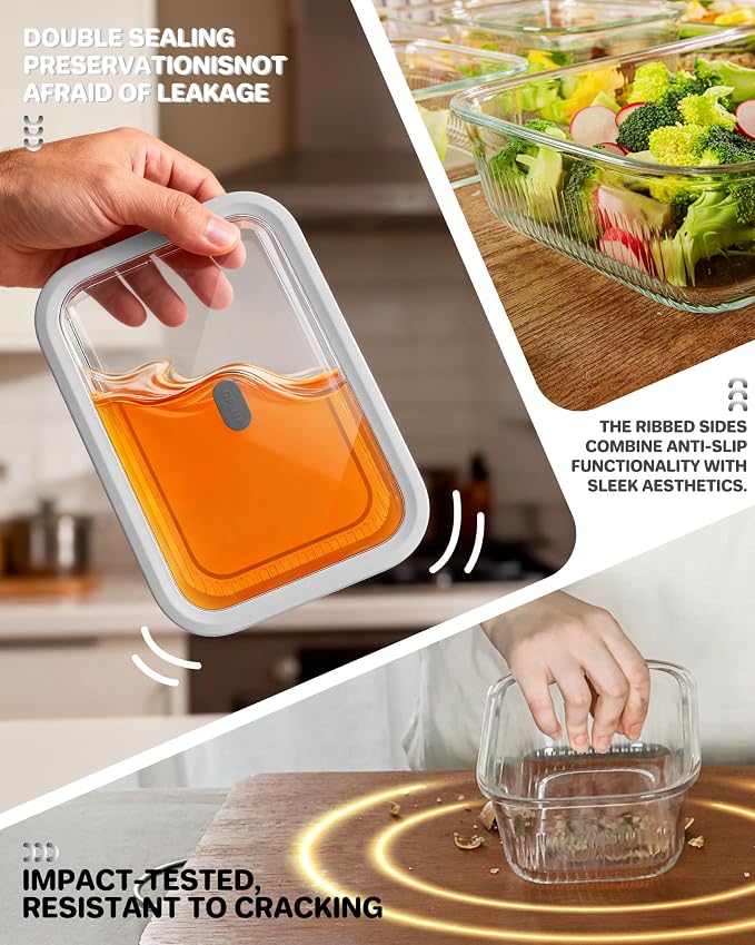 2 Pack Glass Food Storage Containers with Tempered Glass Lids & Steam Valve, 74oz(9.3 Cup) Airtight Leak-Proof Meal Prep Containers for Microwave/Oven/Freezer, Borosilicate Glass, Gift Box