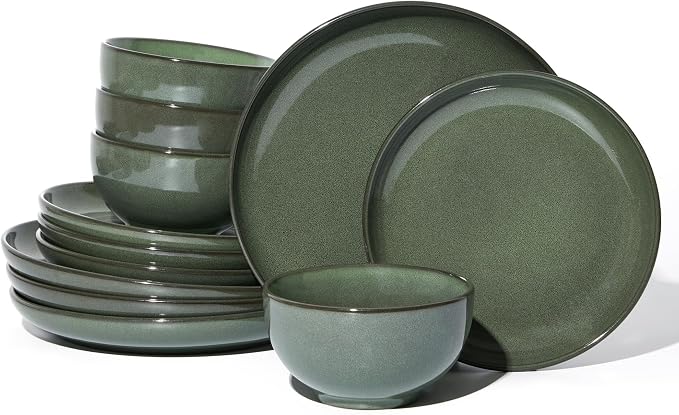 Stoneware Dinnerware Sets, Ceramic Plates and Bowls Set, Microwave & Dishwasher Safe Kitchen Dishes, Modern Dinner Salad Plates | Cereal Bowls, Dishware Sets Service for 4 Forest Green