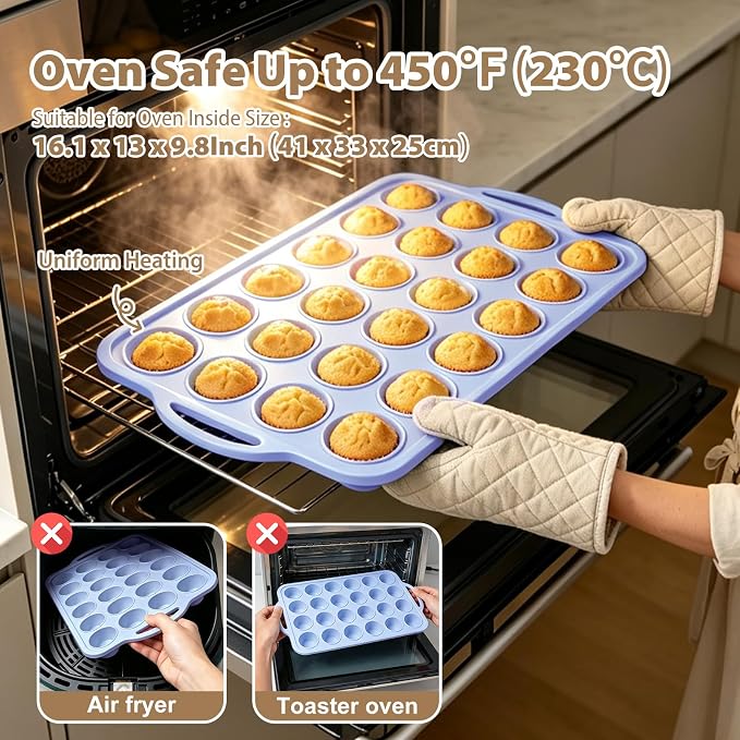 Mini Silicone Muffin Pan with Frame Non Stick Cupcake Tin Baking Mold | Silicone Cupcake Pan with Handles 24 Cup, BPA Free Silicon Muffin Tin Tray Small for Baking, Egg Bites, Cupcake Mold Blue