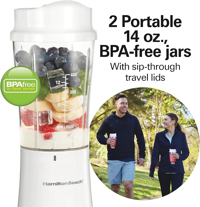 Hamilton Beach Portable Blender for Smoothies With 14 oz. Travel Jar | 2 BPA Free Jars & Lids | Durable Stainless Steel Blades | 300 Watts Peak Power | Personal Smoothie Blender | White | 51102G