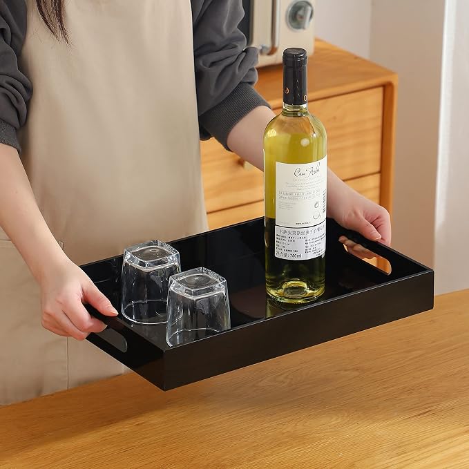 Black Oversize Acrylic Serving Tray with Handles 10x15 Inch -Spill Proof- Decorative Trays Countertop Organizer for Ottoman,Nightstand, Sidetable, Butler (10X15 Inch, Black)