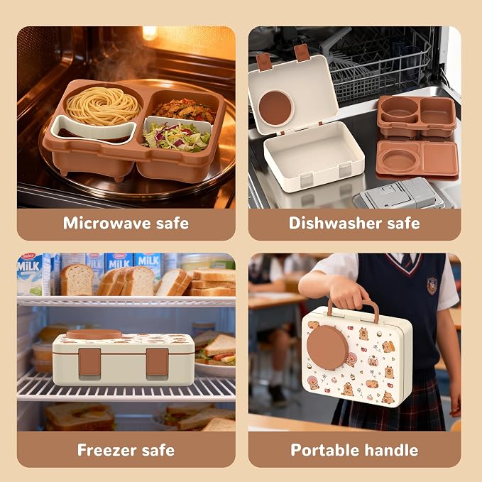 Kids Insulated Lunch Box with 8OZ Thermo Food Jar | Leakproof Bento Box with Ice Pack Sauce Cup Utensils Removable Tray & Dividers for School Daycare Travel, Capybaras