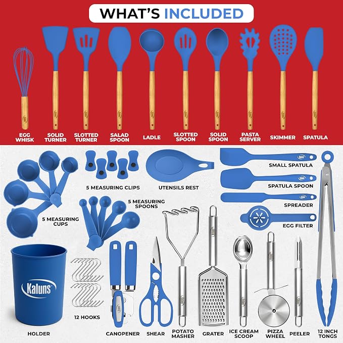 Kaluns 50 PCS Silicone Kitchen Utensils Set Complete Kitchen Set - 800°F Heat Resistant Non-Stick Premium Silicone Cooking Utensils W Wooden Handles - Can Opener, Masher, Turner, Silicone Spatula Set