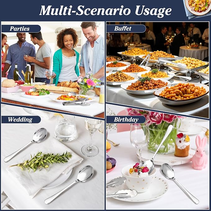 Mwellewm 18Pcs Serving Utensils Set Serving Tongs Serving Spoons for Buffet | Dishwasher Safe, Silver Stainless Steel Tableware, Metal Cutlery, for Parties Weeding Entertaining Catering Banquet Birthday