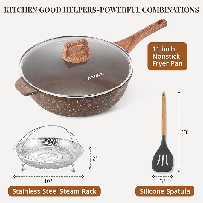 AOSION 11 Inch Nonstick Ceramic Deep Frying Pan, Large Ceramic Skillet. | With Lid & Steam Rack, 5QT Sauté Pan, Stay Cool Handle, Induction Compatible, PFOA & PFAS Free