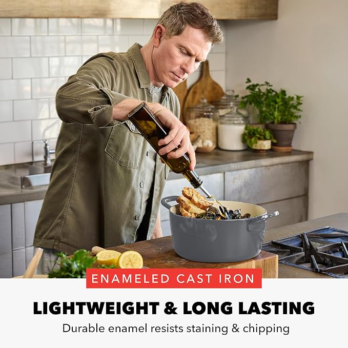 GreenPan x Bobby Flay 5.5QT Enameled Cast Iron Dutch Oven With Lid, Slate | Casserole Pot for Braising, Stews, Bread Baking & Searing, Self-Basting Lid, Induction Ready, Oven Safe To 500, Gold Lid Knob