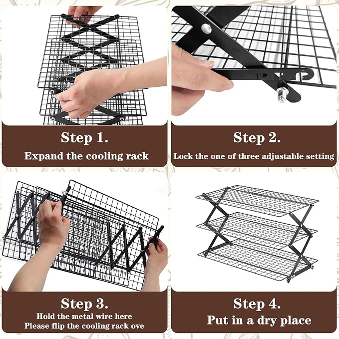 Pleafind 3 Tier Collapsible Cooling Rack - 4 Setting Design, Adjustable ＆ Stackable Baking Rack with X-Shaped Design and Leak-Proof Mesh Surface, Cooling Racks for Cooking and Baking, Dishwasher Safe