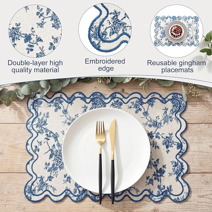 HunnmingRe Blue Floral Set of 6 Cotton Linen Wedding Placemats, 13x19 Inch Scalloped Wavy Embroidery Placemat Double Layered Washable Rustic Rectangle Dinner Table Mat for Home Decor