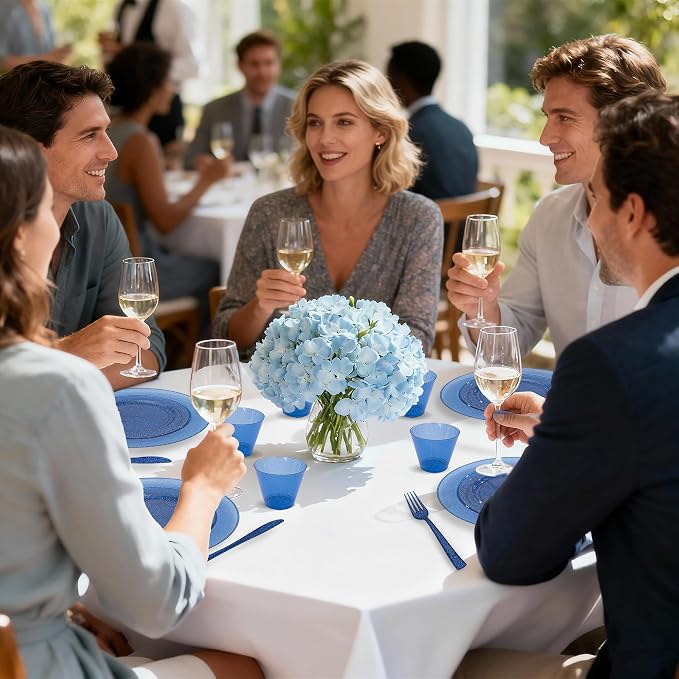 DaYammi 350 Pieces Cobalt Blue Glitter Dinnerware Set 50 Guest for Party- 50 Dinner Plates, 50 Dessert Plates -50 Per Rolled Napkins with Blue Cutlery - 50 Disposable Cups 9 OZ
