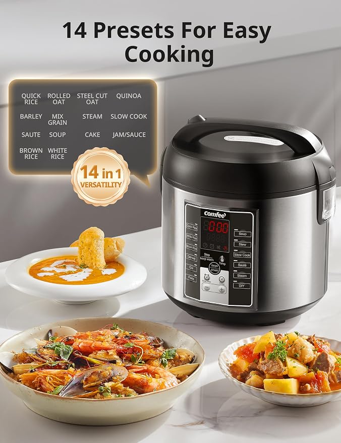 COMFEE' Rice Cooker with 6 Functions, Nonstick Pot, 10-Cups Uncooked Rice