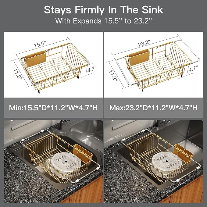 Gold Dish Drying Rack Over Sink with Utensil Holder, Drainboard | Expandable Stainless Steel Dish Drainer for Small Kitchen, Apartment, RV, Counter Space Saving, Perfect Fit, Rustproof