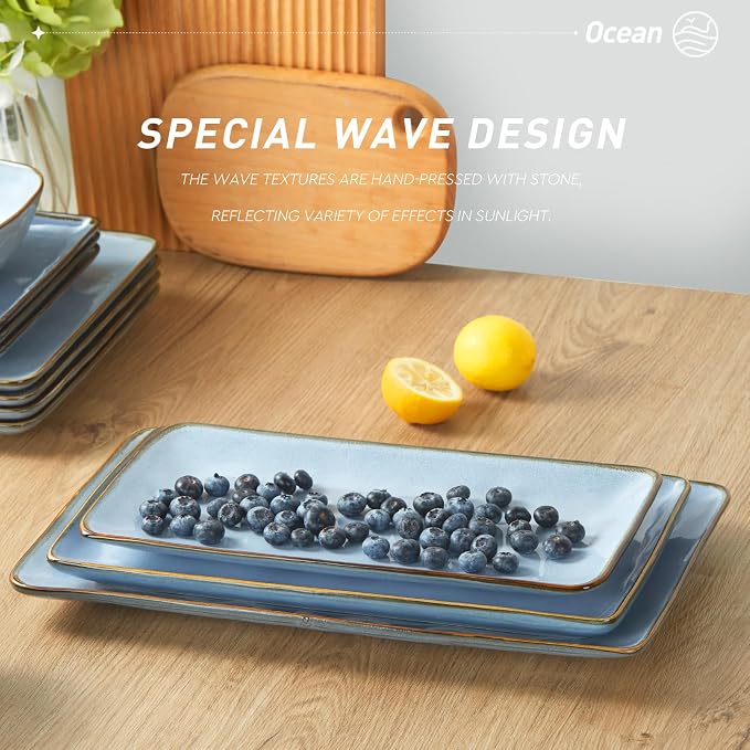 Famiware Serving Platters Set of 3 Sizes - Rectangular, Blue | 15.67"/14.1"/12.6" Fine Stoneware Serving Trays for Party, Entertaining for Food, Turkey, Cheese, Microwave Dishwasher Safe