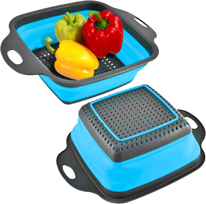 Square Collapsible Colander with Handles – Blue Square Silicone Kitchen Strainers with Plastic Handles Foldable Kitchen Strainer Perfect for Draining Pasta Vegetable and Fruit Blue