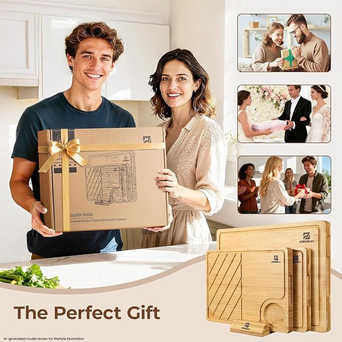 Bamboo Cutting Boards Set of 4 for Kitchen with Wood Storage Stand | Premium Chopping & Charcuterie Board with Juice Groove, Non Slip Feet and Easy-Grip Handles, Steak Serving Tray, Gift Box