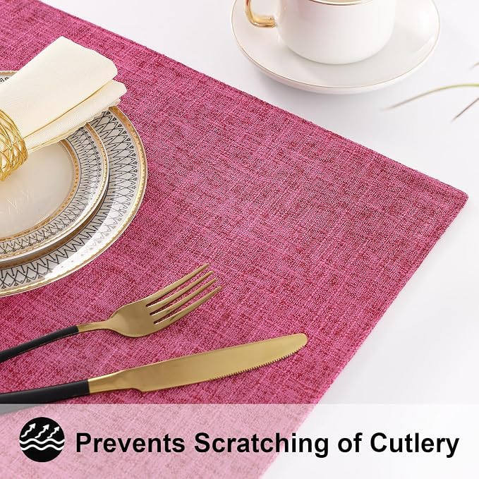 Faux Cotton Linen Placemats Set of 6, Cloth Washable Farmhouse Dining Table Mats for Indoors & Outdoors, Easy to Clean, Hot Pink, 13 x 19 Inch