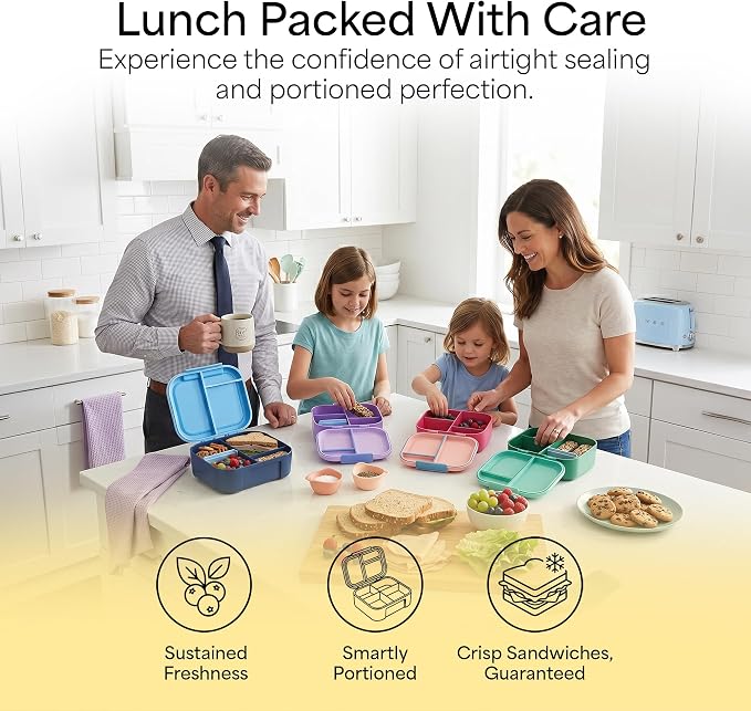 Leakproof Bento Lunch Box, 3-Compartment, Extra Large, Navy & Blue | 3-Compartment Design, Leakproof , Extra Large Capacity, Adjustable Divider, Includes Cooler Pack, Dishwasher Safe, Reusable