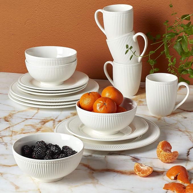 Tabletops Gallery Embossed Bone White Porcelain Round Dinnerware Collection- Chip Resistant Scratch Resistant, Fleur 16 Piece Dinnerware Set (Dinner Plate, Salad Plate, Cereal Bowl, Mug)