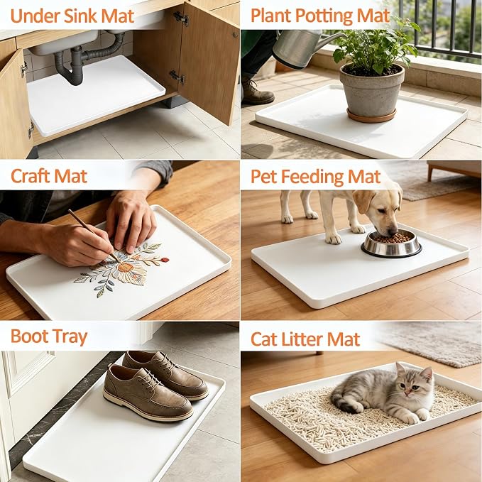Silicone Coffee Maker Mat with Lip for Countertops, 15.7'' x 11.8'', White | Multi leak-proof coffee tray for countertop, non-slip silicone mat fits most coffee makers & espresso machines, wipe-clean