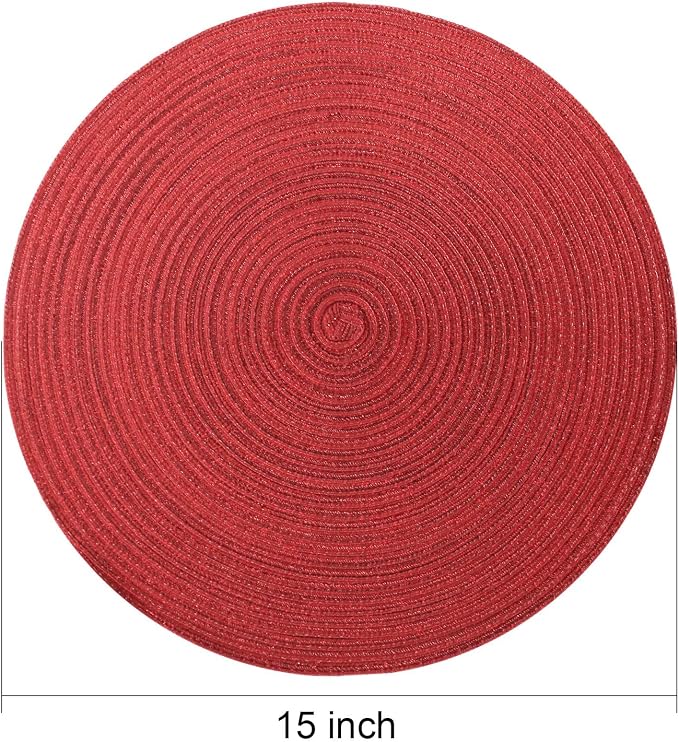 AHHFSMEI Round Braided Placemats Set of 6 Woven Table Mats for Dining Table Heat Resistant Easy to Clean Perfect for Kitchen & Home Decor (Christmas Red)