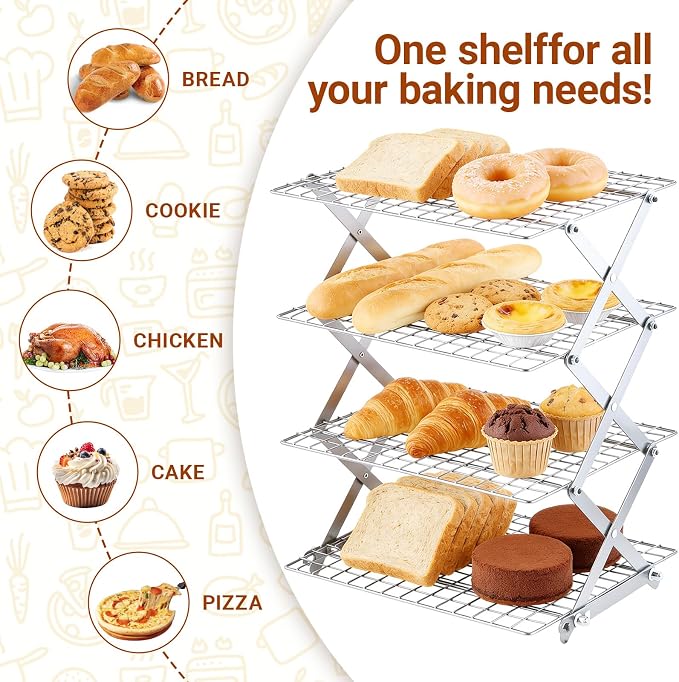4 Tier Collapsible Cooling Rack - Adjustable Stainless Steel Baking Rack with Leak-Proof Mesh, X-Shaped Structure Cooling Rack for Cooking and Baking, Roasting ＆ Grilling Gift for Party