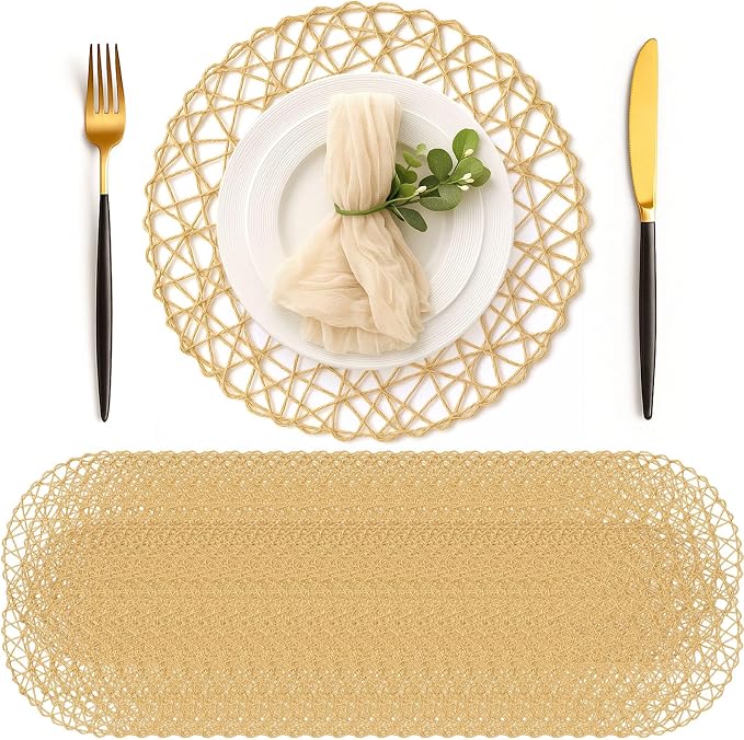 Geosar Round Woven Placemats Bulk Rustic Paper Braided Placemats Boho Natural Non Slip Heat Resistant Table Mats for Wedding Party, Dinner Table Centerpiece Decoration, 13 Inch(White Beige,48 Pcs)
