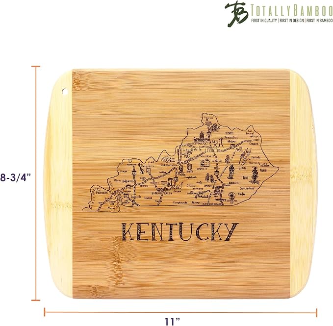 Totally Bamboo A Slice of Life Kentucky Engraved Map Cutting Board | 11” x 8.75” charcuterie board with engraved state map artwork. Smooth reverse side for food prep. Hang tie for wall display.