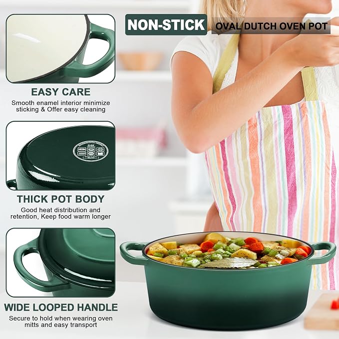 E-far 7QT Oval Dutch Oven Pot with Lid, Enameled Cast Iron Dutch Oven | with Dual Handles for Homemade Sourdough Bread Baking, Nonstick Enamel Coated Cookware, Non-Toxic & Easy Clean, Dark Green