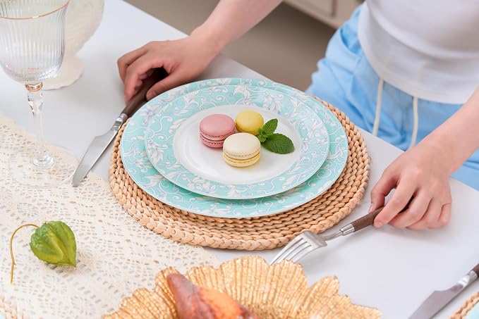 FHGNYSM 12-Piece Porelain Dinnerware Set, Light Green | 12-Piece Plates and Bowls set, Chip and Scratch Resistant, Microwave Safe, Dishwasher Safe, Home Restaurant Use