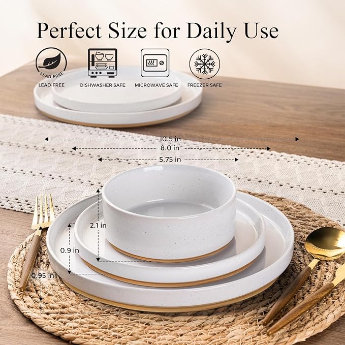 AmorArc Stoneware Dinnerware Sets for 8,24Pcs Plates and Bowls Set | Handmade Ceramic Dish Set,Dishwasher & Microwave Safe,Scratch Resistant-White