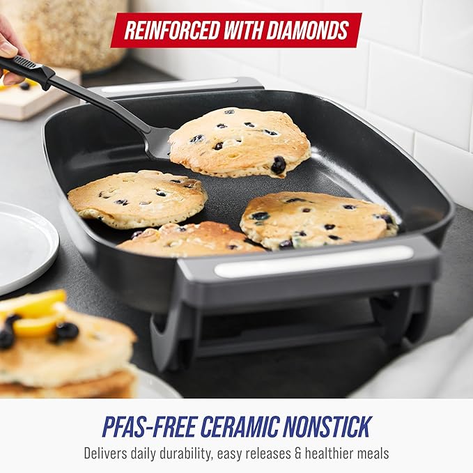 Blue Diamond 7QT Diamond Ceramic Nonstick 5-in-1 Electric Skillet, Graphite | PFAS-Free Nonstick, Extra Large Electric Skillet, Adjustable Temperature Dial, Stay-Cool Grips, Easy-Clean Interior