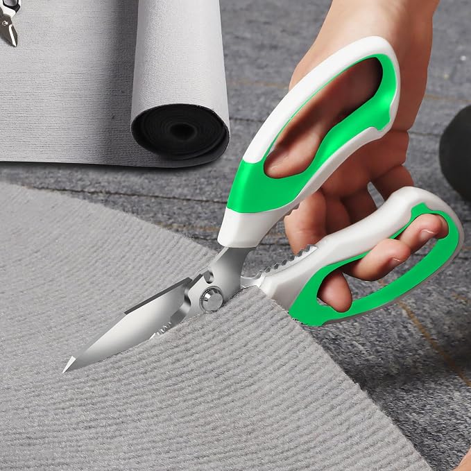 BoFuYuan Utility Scissors All Purpose heavy duty 8-Inch Green | Comfort Grip, Sharp Serrated Blades Cutting Carpet Cardboard Wire Fabric, Multipurpose Shears for Kitchen Garden Office Craft