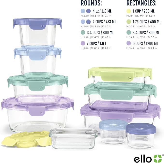 Ello Color Lock 20pc Glass Food Storage Containers with Lids, Purple Rain | Glass meal prep set with airtight leakproof locking lids, microwave and oven safe glass, freezer safe, and BPA-free