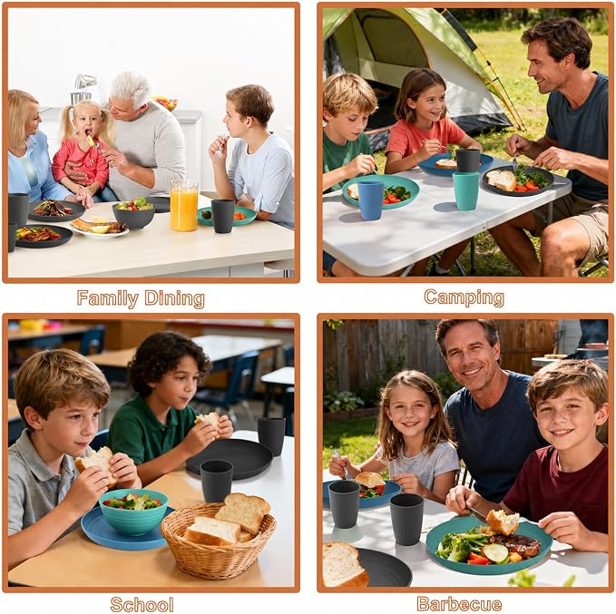 20PCS Plastic Dishes Set for 4, Unbreakable Wheat Straw Plates and Bowl Set | Lightweight Outdoor Dinnerware sets for RV, Camping, BBQ - Calm Tones