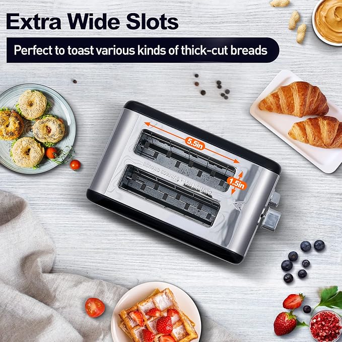 CUSIMAX 2 Slice Stainless Steel Toaster with Digital LED Display, Black | 1.5'' Wide Slots for Bagels & Thick Bread, Countdown Timer, 6 Browning Levels, Bagel/Defrost/Cancel, Removable Crumb Tray