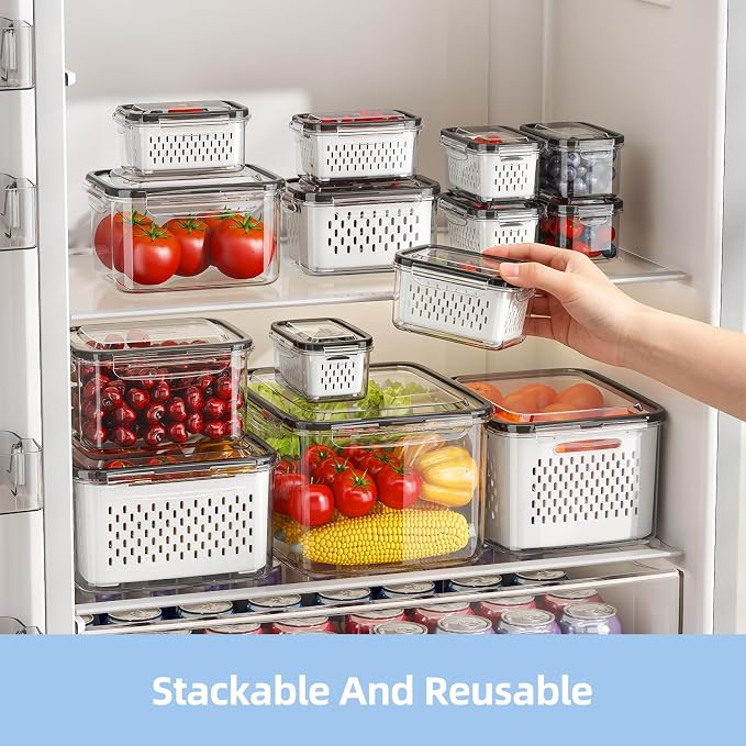 Fruit Storage Container for Fridge with Removable Colander, 6 Pack | Leakproof Produce Containers for Fridge, Airtight Food Storage Container, Keep Fruit, Veggies, Berry, Salad Fresh Longer