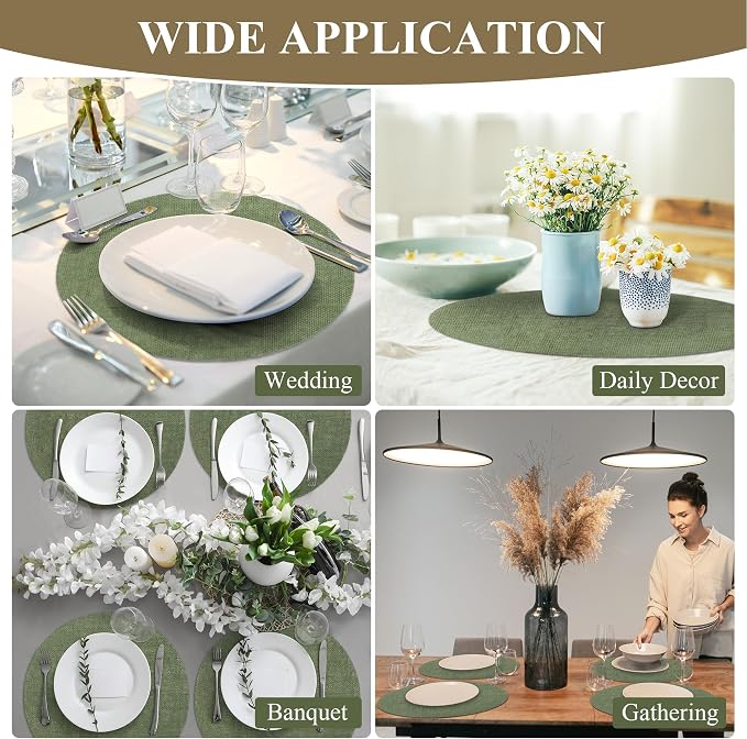 Aneco 50 Pieces Round Burlap Placemats 13.78 Inch Reusable Sage Green Table Mats Heat Resistant Natural Jute Fibers Placemats Burlap Circle Rustic Table Decorations for Dinner Holiday Farmhouse Decor