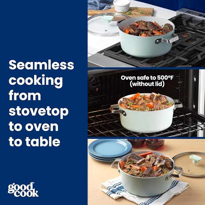 GoodCook Ceramic Dutch Oven with Lid, Induction Compatible, Nonstick and Oven Safe, 5-Quart, Sage Green