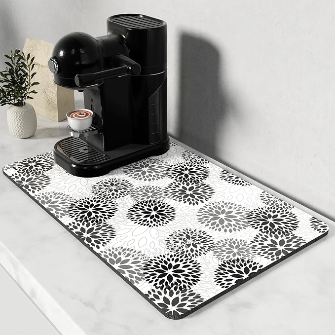 Rnivvi Coffee Mat, 12" x 19" Cute Coffee Bar Mats for Espresso Machine Station Accessories and Organizer, Hide Stain Rubber Backed Absorbent Dish Drying Pad for Kitchen Counter, Cartoon Flowers