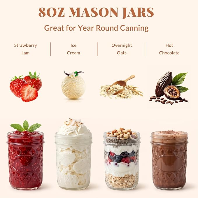 CycleMore Mason Jars 8 oz, 24 Pack Half Pint Canning Jars with Split Lids | Crystal Body, AirTight, BPA Free, Glass Canisters Ideal for Fermenting, Jam, Honey, Pickling, Wedding Favors, DIY Decors