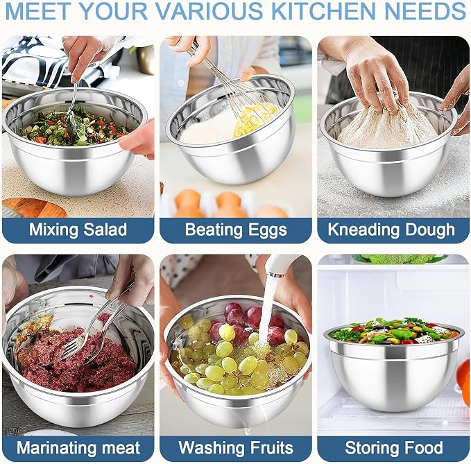 TeamFar Mixing Bowls with Lids, 5PCS Stainless Steel Metal Salad Bowl | with lids & 3 Grater Attachments, for Cooking/Prepping/Serving, Airtight Lids & Easy Clean - 0.7/1/1.5/2.6/4.6QT, Multi-Color