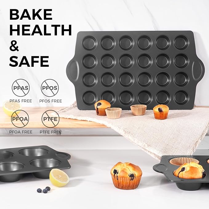 Mini 24 Muffin & Cupcake Pans with 240 Liners, Nonstick, Non-toxic | Heavy-duty Small Cheesecake Tray with Ear Shaped Wider Grips, 1.8dia, Grey, Premium