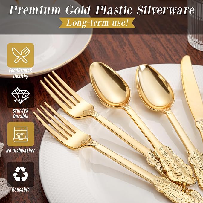 200 Pieces Gold Plastic Silverware Disposable - 50 Guests Heavy Duty Thanksgiving Gold Plastic Cutlery - Disposable Utensils Includes 100 Forks, 50 Spoons, 50 Knives Perfect for Party/Weeding