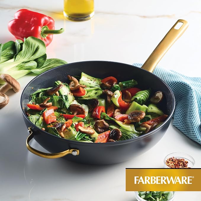 Farberware Forged Induction Ceramic Nonstick Stir-Fry Pan with Helper Handle, Dishwasher Safe, Suitable for All Stovetops, 12.25 Inch Wok Pan - Black