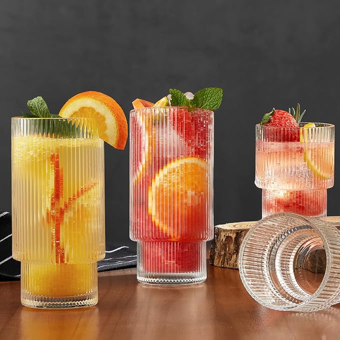 Qipecedm® 6 Pack Ribbed Drinking Glasses, 16 oz Vintage Glass Cups, Highball Glasses, Premium Iced Coffee Glasses, Clear Glass Tumbler, Cocktail Glasses, Elegant Glassware for Water Juice Whiskey Beer