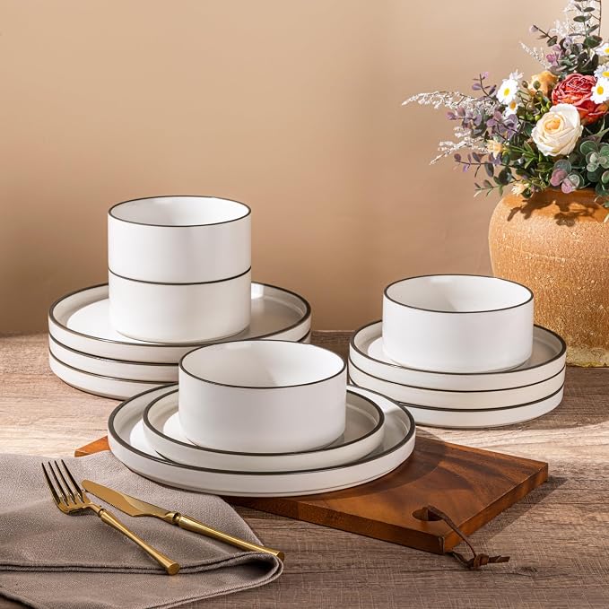 LERATIO Stoneware Dinnerware Sets for 6,18-Piece Matte Plates and Bowls Set | Handmade High Edge Rim Dish Set,Oven & Microwave,Dishwasher Safe,Scratch Resistant-Creamly White