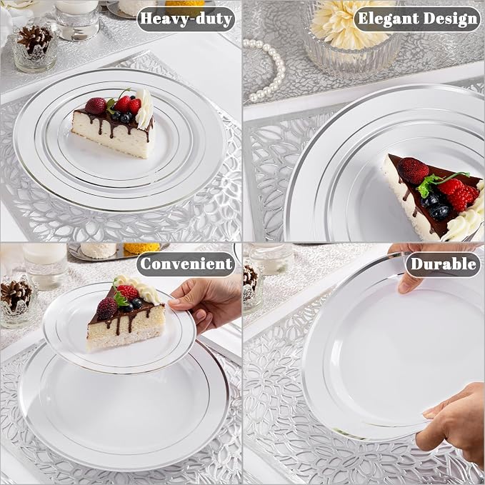 175PCS Sliver Plastic Plates - Silver Plates Disposable - White Plate with Silver Trim 25Guests Plastic Dinnerware Sets with Rolled Napkins for Wedding Baby Shower Spring Birthday